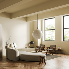 Light chill room interior with couch and armchair, panoramic window and mockup