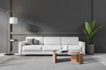 Grey living room interior couch with coffee table with decoration, mockup