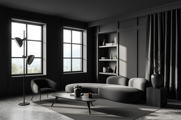 Lounge room interior with couch and chair, shelf and panoramic window