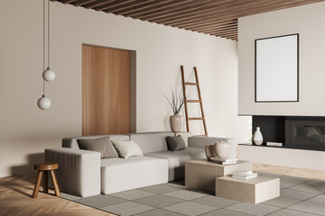 Light living room interior with couch and fireplace, mockup canvas