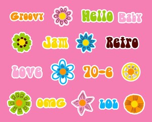 Set of Y2K Cute Smile Flower Stickers. Pop Art Happy Positive Vector Patches. Funny Emoticon Groovy Blossom.