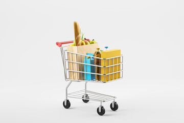 Shopping cart and healthy products, light grey background - obrazy, fototapety, plakaty