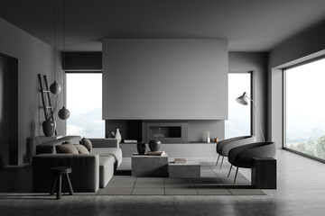 Grey chill room interior with seats, fireplace near panoramic window. Mockup