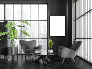 Grey relax room interior with seats and coffee table, window and mockup canvas