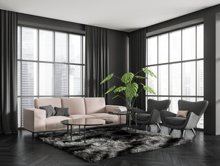 Grey lounge room interior with couch and armchair, panoramic window