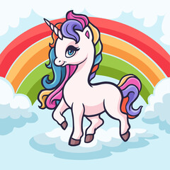 Obraz na płótnie Canvas Cute cartoon unicorn standing among the rainbows. Vector illustration