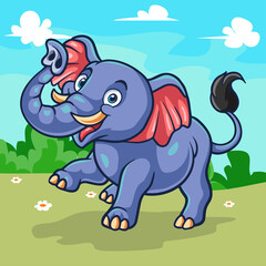 A cute elephant cartoon isolated on wonderful farm.