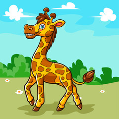 A cute giraffe cartoon isolated on wonderful farm.