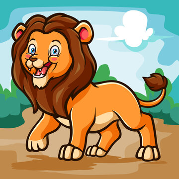 A cute Lion cartoon isolated on wonderful farm. Vector illustration