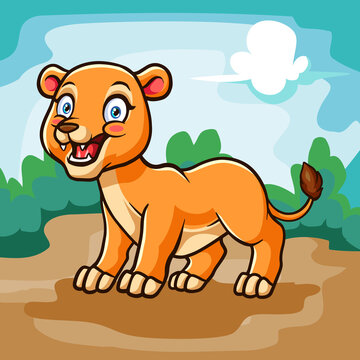 A cute female Lion cartoon isolated on wonderful farm. Vector illustration