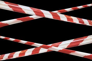 Red and white lines of barrier tape prohibit passage, tape on black isolate background