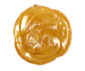 Honey and peanut butter smeared on slice of bread isolated on white, top view  