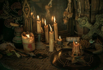Concept of esoteric, incantation, future predict and paganism, power of wicca, rite on a altar