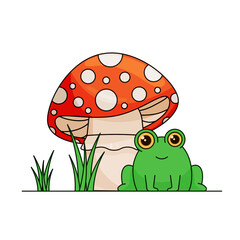 A cute frog is sitting next to a mushroom fly agaric on a white background in a flat style. Children's vector illustration
