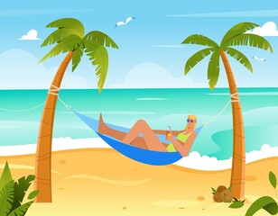 Fototapeta na wymiar Girl in bikini drinking soda laying in a hammock between two palm trees on a beach. Flat vector illustration. Tropical background with sea and sand