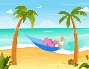 Girl laying in a hammock between two palm trees on a beach working with smartphone. Flat vector illustration. Tropical background with sea and sand