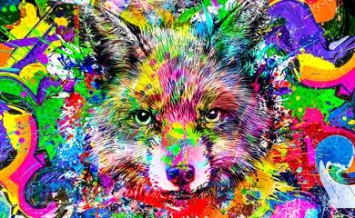 Foto op Plexiglas colorful artistic fox muzzle with bright paint splatters on dark background. © reznik_val