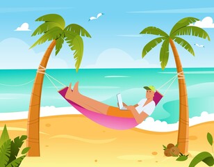 Man laying in a hammock between two palm trees on a beach working with laptop, remote and freelance work concept. Flat vector illustration. Tropical background with sea and sand