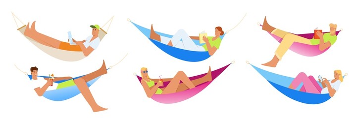 Set with people laying in hammock, relaxing, drinking cocktail, reading a book, doing remote work on laptop and smartphone. Flat vector illustration, isolated objects on white background