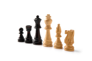 Vintage chess board with checkers, pawns, knights, rooks, bishops, queen and king, black and white colors. Chess board game for ideas and competition and strategy, business success concept.