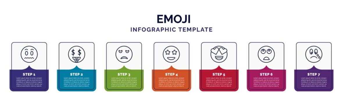 infographic template with icons and 7 options or steps. infographic for emoji concept. included silent emoji, rich emoji, sad surprise in love bored cry icons.