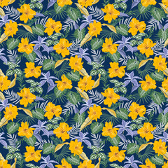 Naklejka na ściany i meble Vector seamless beautiful artistic Dark tropical pattern with exotic forest. Colorful original stylish floral background print