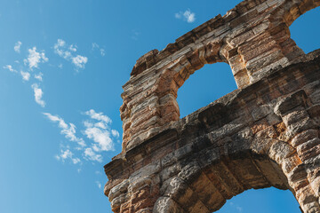 Amazing view of Verona Arena in a blue sky. A Roman amphitheatre in Piazza Bra, Verona, Italy.