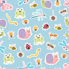 Seamless pattern with sticker insects. Cute snail and bee, lucky frog dragonfly, butterfly and ladybug, worm and spider blue background. Vector illustration. Kids collection