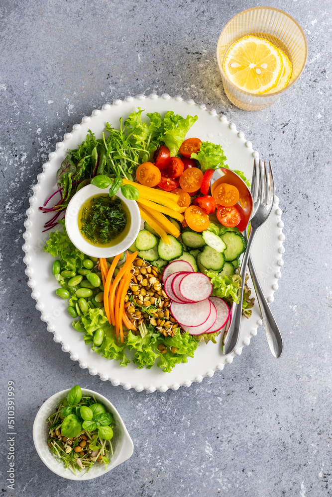 Wall mural Healthy chopped salad with fresh vegetables, sprouts and sauce. Concept clean eating. Top view.