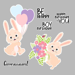 Stickers Cute bunnies and happy birthday phrases. Bunny with balloons and bouquet of flowers. Vector illustration. Isolated elements. Happy birthday greetings collection for design and decor.
