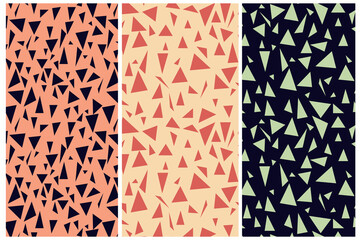 Set of abstract vector triangular patterns of different sizes and arrangements on colored backgrounds
