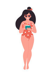 Woman with summer cocktail. Hello summer, vacation, summertime, summer party. Woman in retro swimsuit and retro glasses. Hand drawn vector illustration