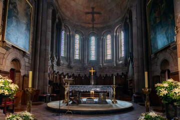 High altar of the Basilica of Santa Maria la Real de Covadonga, a Catholic sanctuary located in the...