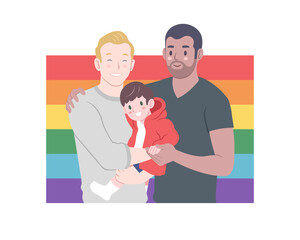 Flat style happy LGBTQ family with pride flag in the background cartoon illustration
