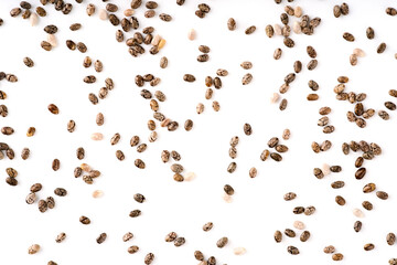 Chia seeds isolated with white background. Pile of healthy chia seeds background.