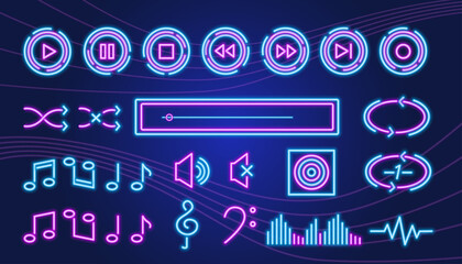Set of vector glowing music, sound and record icons for web, apps, mobile mp3 players etc.