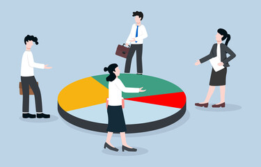 Negotiating business interests, share from joint investment, discussions about corporate partners concept. Investors discussing about market share pie chart. 