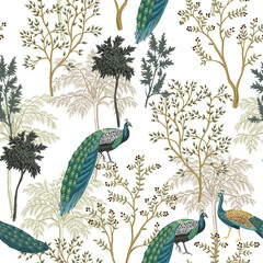 Park ink drawn trees,  peacock bird summer floral seamless pattern. Chinoiserie landscape wallpaper.