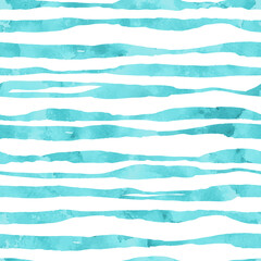 Stylish seamless pattern with blue textured watercolor stripes