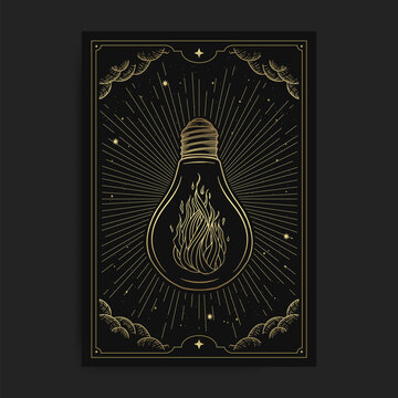 Mystical fire in a neon lamp in golden engraving style