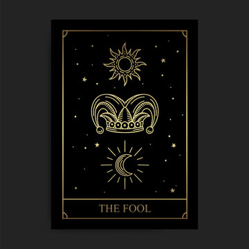 The fool magic major arcana tarot card in golden hand drawn style