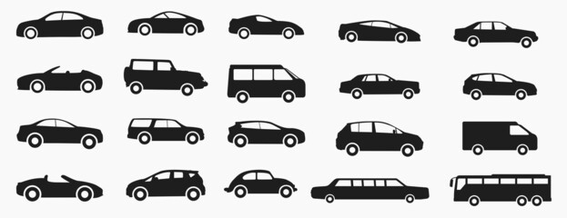 Car icon set. vehicle isolated car types set. Car icon front, car icon line, truck icon, car icon outline. Stock Vector illustration 