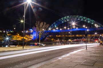 Newcastle upon Tyne UK - 6th February 2018: Tyne Bridge illuminated on the Quayside view at night...