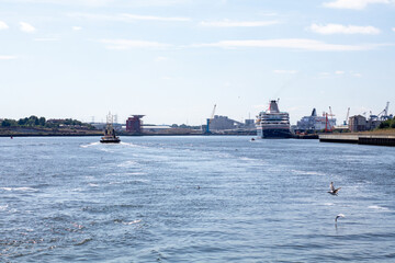 North Shields England - 05.08.2018: Shields Metro Ferry Crossing on a sunny day view from onboard...