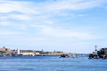 North Shields England - 05.08.2018: Shields Metro Ferry Crossing on a sunny day view from onboard boat