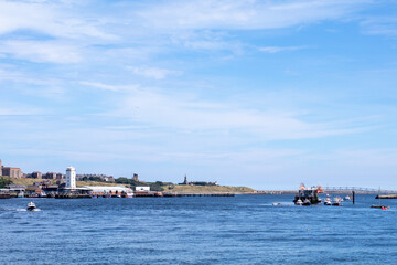 North Shields England - 05.08.2018: Shields Metro Ferry Crossing on a sunny day view from onboard...