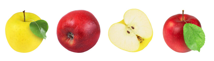 Red and yellow apple on an isolated white background. Set or collection of red and yellow apples