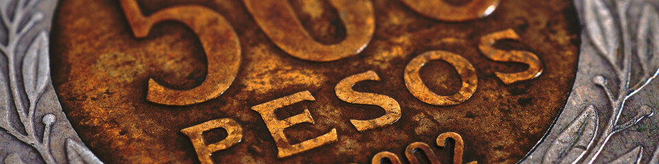 Translation: 500 pesos. Coin of 500 Chilean pesos close-up. Peso of Chile. News about economy or banking. Loan and credit. Money and taxes. Banner or header. Macro
