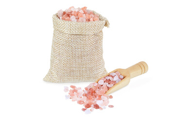Himalayan salt on an isolated white background. Himalayan salt in a bag and scoop