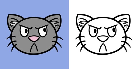 Grey angry cat in cartoon style, Horizontal set of illustrations for coloring Books, vector